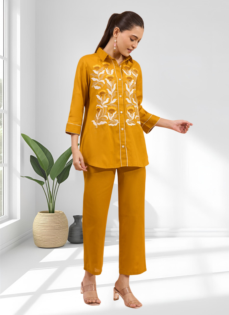 Orange cotton aari work shirt pant for women's