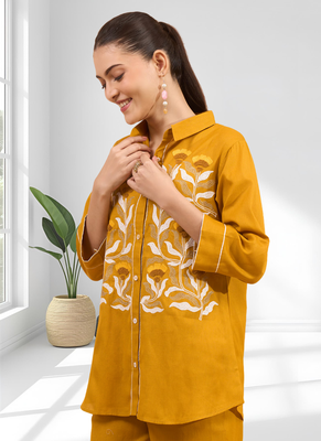 Orange cotton aari work shirt pant for women's 3