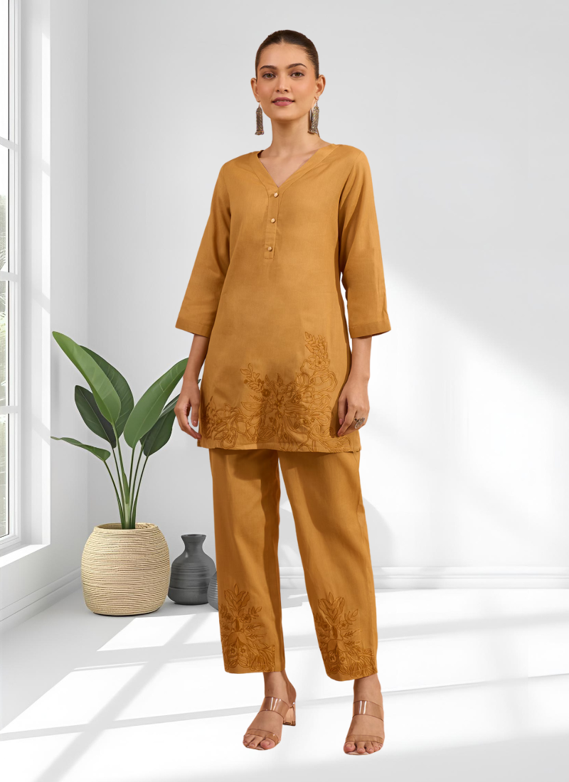 Coral cotton aari work kurta pant for women's