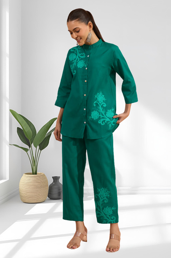 Rama green cotton aari work shirt pant for women's
