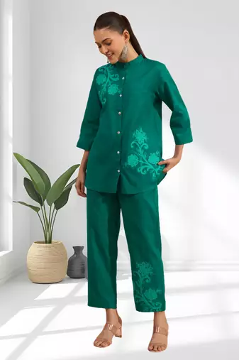 Rama green cotton aari work shirt pant for women's