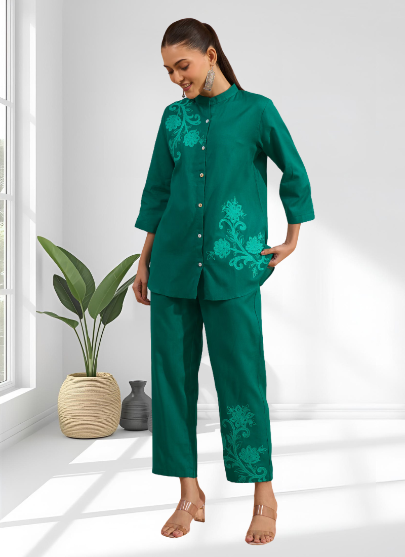 Rama green cotton aari work shirt pant for women's