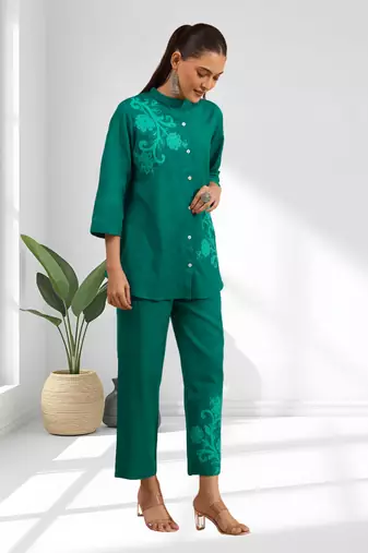 Rama green cotton aari work shirt pant for women's