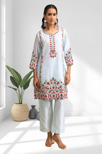Sky blue vertical silk kurta pant for women's