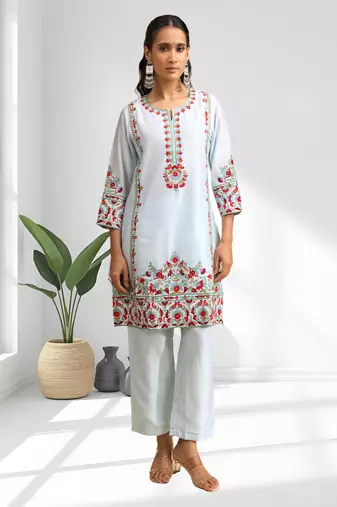 Sky blue vertical silk kurta pant for women's