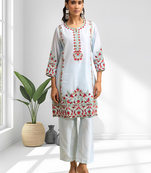 Sky blue vertical silk kurta pant for women's