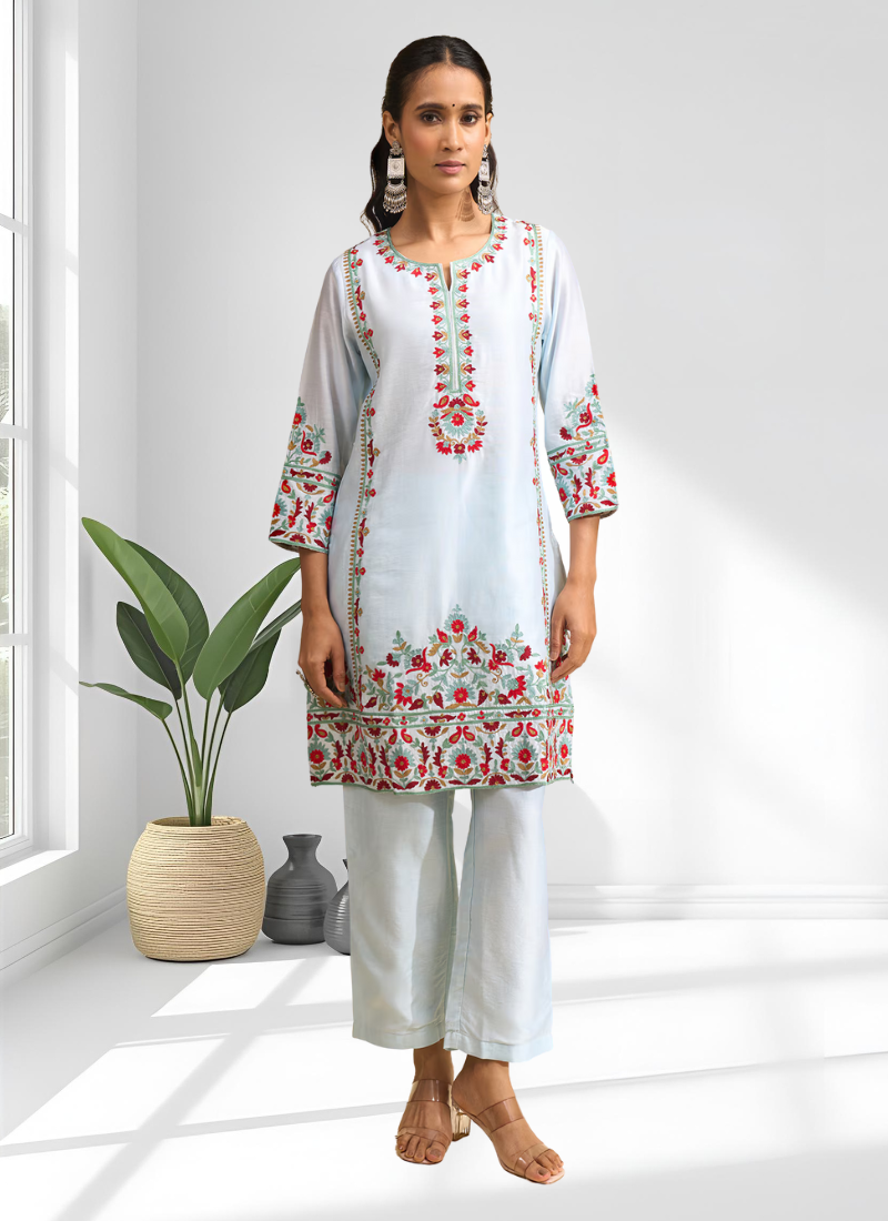 Sky blue vertical silk kurta pant for women's