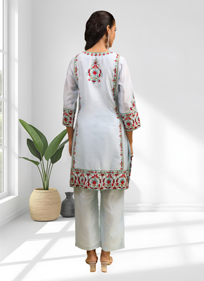 Sky blue vertical silk kurta pant for women's 2