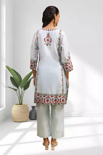 Sky blue vertical silk kurta pant for women's