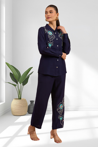 Navy blue vertical silk shirt pant for women's