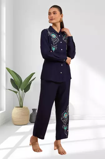 Navy blue vertical silk shirt pant for women's