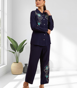 Navy blue vertical silk shirt pant for women's