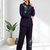 Navy blue vertical silk shirt pant for women's
