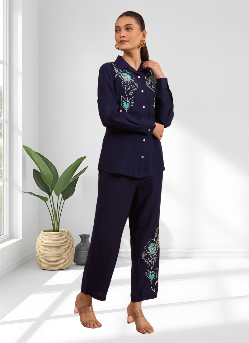 Navy blue vertical silk shirt pant for women's