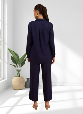 Navy blue vertical silk shirt pant for women's 2