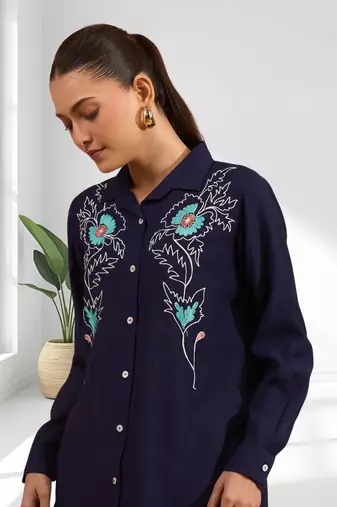 Navy blue vertical silk shirt pant for women's