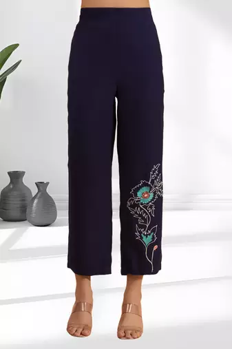 Navy blue vertical silk shirt pant for women's