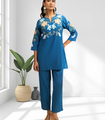 Teal vertical silk kurta sets for women's