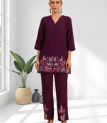 Wine vertical silk top with pants for women's