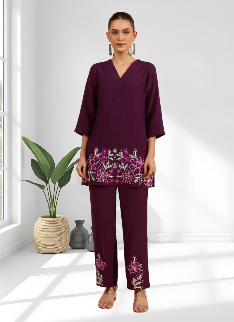 Wine vertical silk top with pants for women's