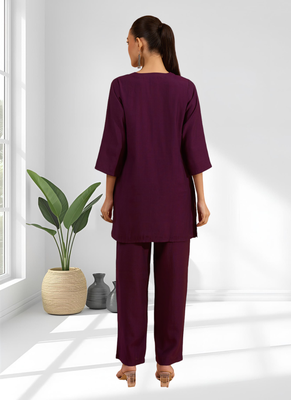 Wine vertical silk top with pants for women's 2