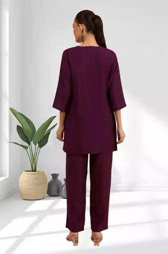 Wine vertical silk top with pants for women's