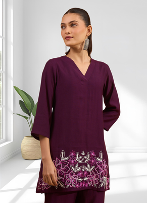 Wine vertical silk top with pants for women's 4