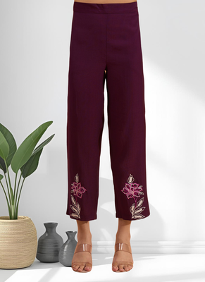 Wine vertical silk top with pants for women's 5