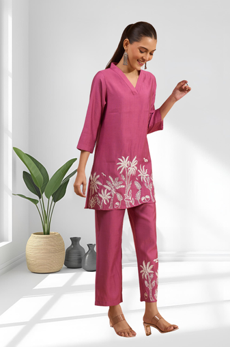 Pink vertical silk top with pants for women's