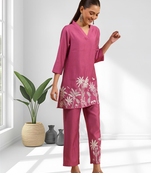 Pink vertical silk top with pants for women's