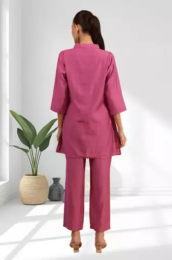 Pink vertical silk top with pants for women's