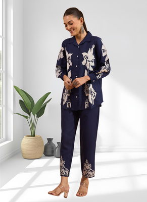 Blue cotton pant shirt for women's 1