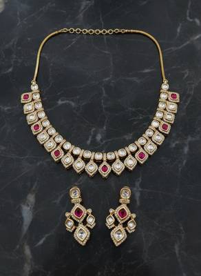 Bridal style kundan ruby stone necklace set with earrings 1