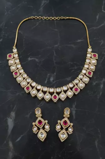 Bridal style kundan ruby stone necklace set with earrings