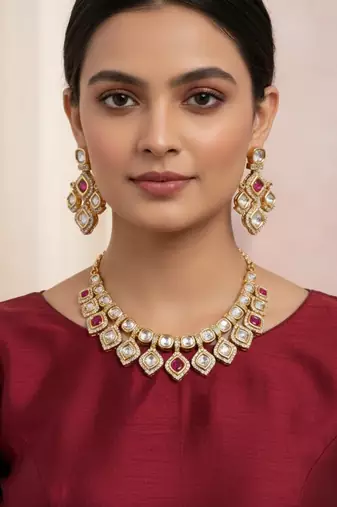 Bridal style kundan ruby stone necklace set with earrings