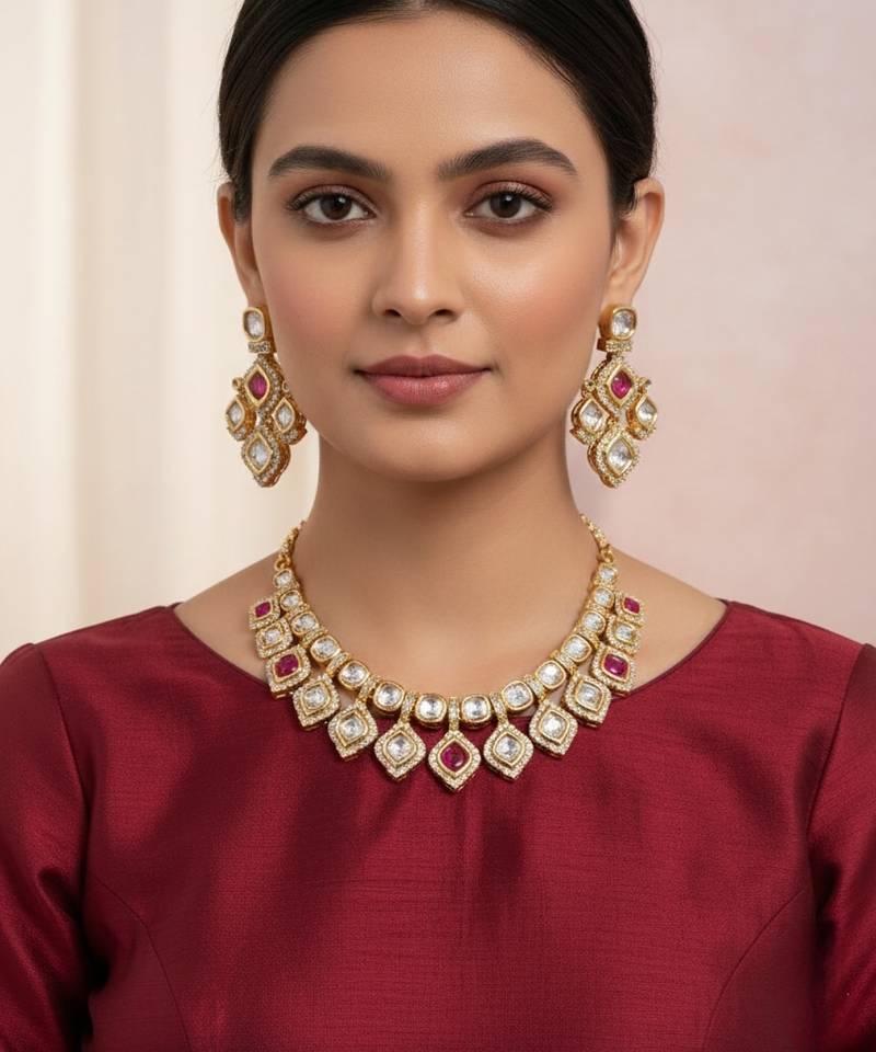 Bridal style kundan ruby stone necklace set with earrings