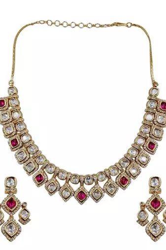 Bridal style kundan ruby stone necklace set with earrings