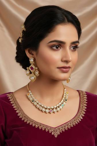 Bridal style kundan multi stone necklace set with earrings