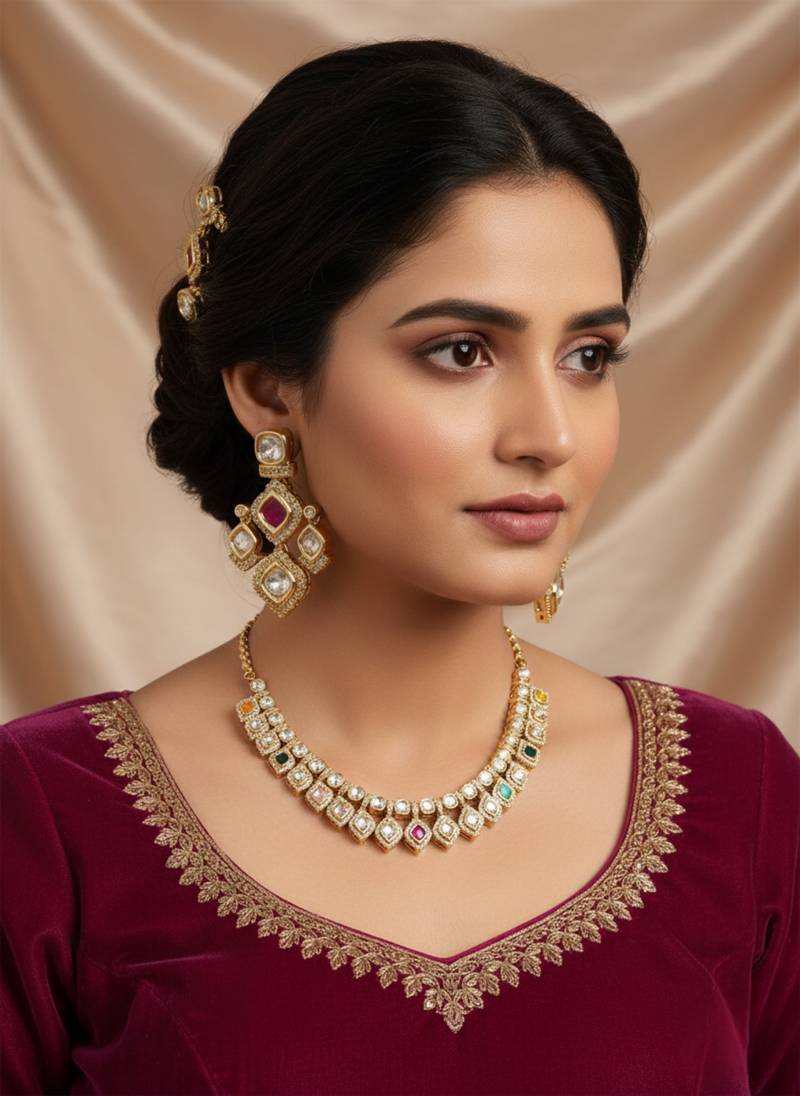 Bridal style kundan multi stone necklace set with earrings