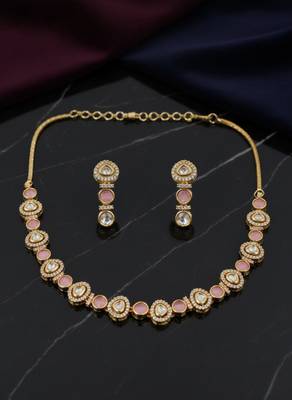 Gold-plated moissanite & pink stone necklace set with matching earrings 1
