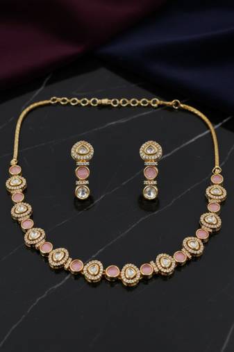 Gold-plated moissanite & pink stone necklace set with matching earrings