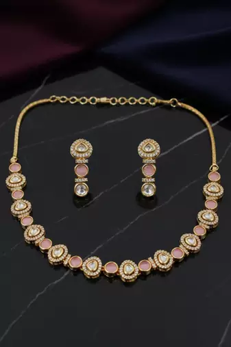 Gold-plated moissanite & pink stone necklace set with matching earrings