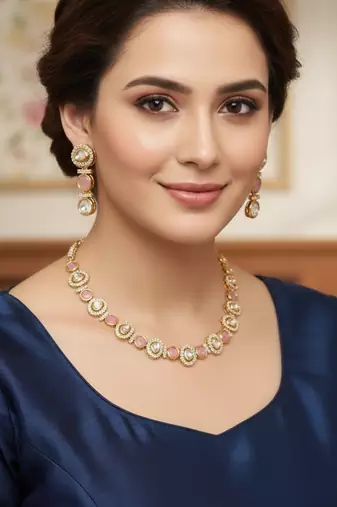 Gold-plated moissanite & pink stone necklace set with matching earrings