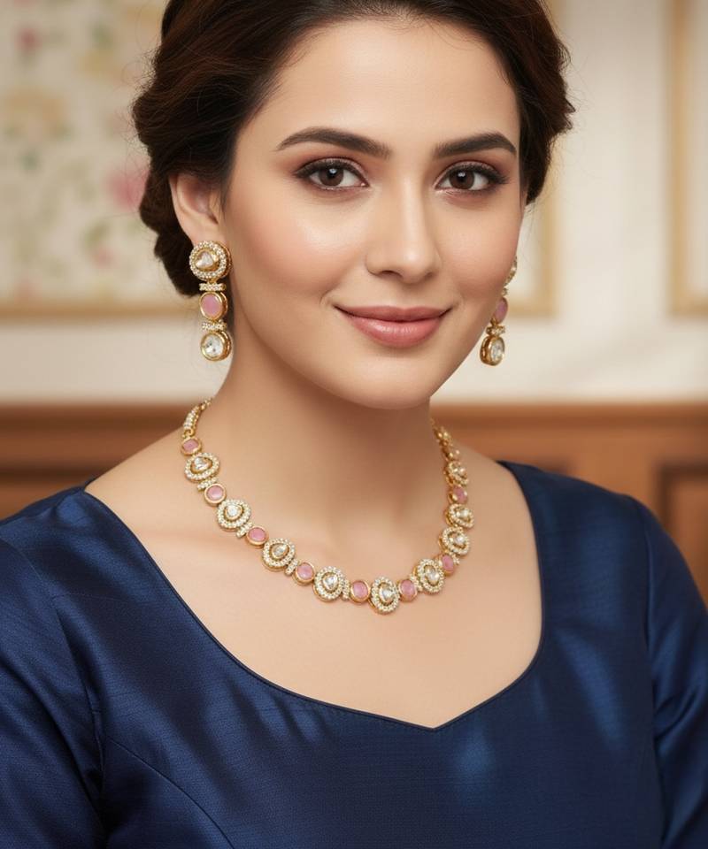 Gold-plated moissanite & pink stone necklace set with matching earrings