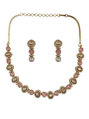 Gold-plated moissanite & pink stone necklace set with matching earrings 3