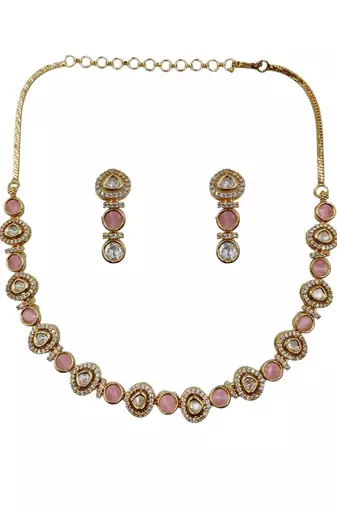 Gold-plated moissanite & pink stone necklace set with matching earrings