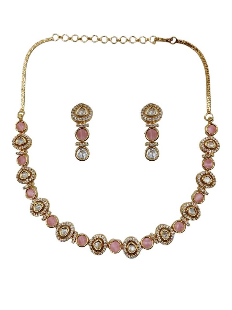 Gold-plated moissanite & pink stone necklace set with matching earrings