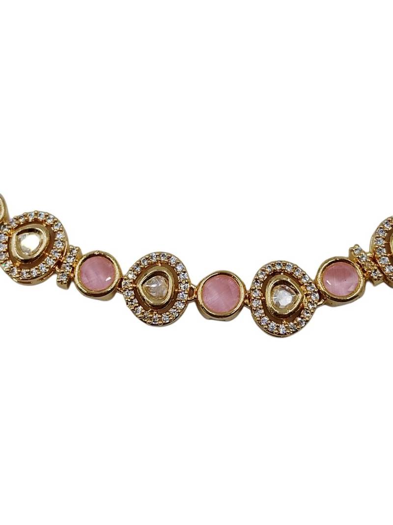 Gold-plated moissanite & pink stone necklace set with matching earrings