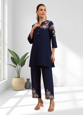 Dark blue vertical silk top with pant for women's 1