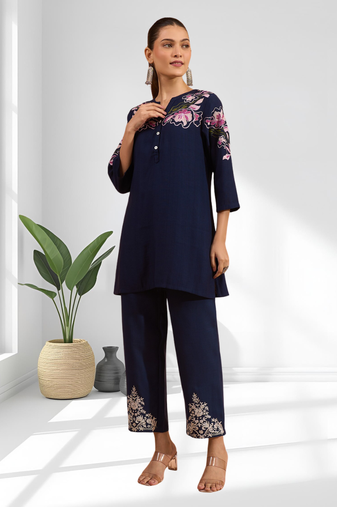 Dark blue vertical silk top with pant for women's